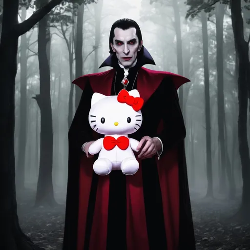 Prompt: Dracula holding Hello Kitty plushie in forest