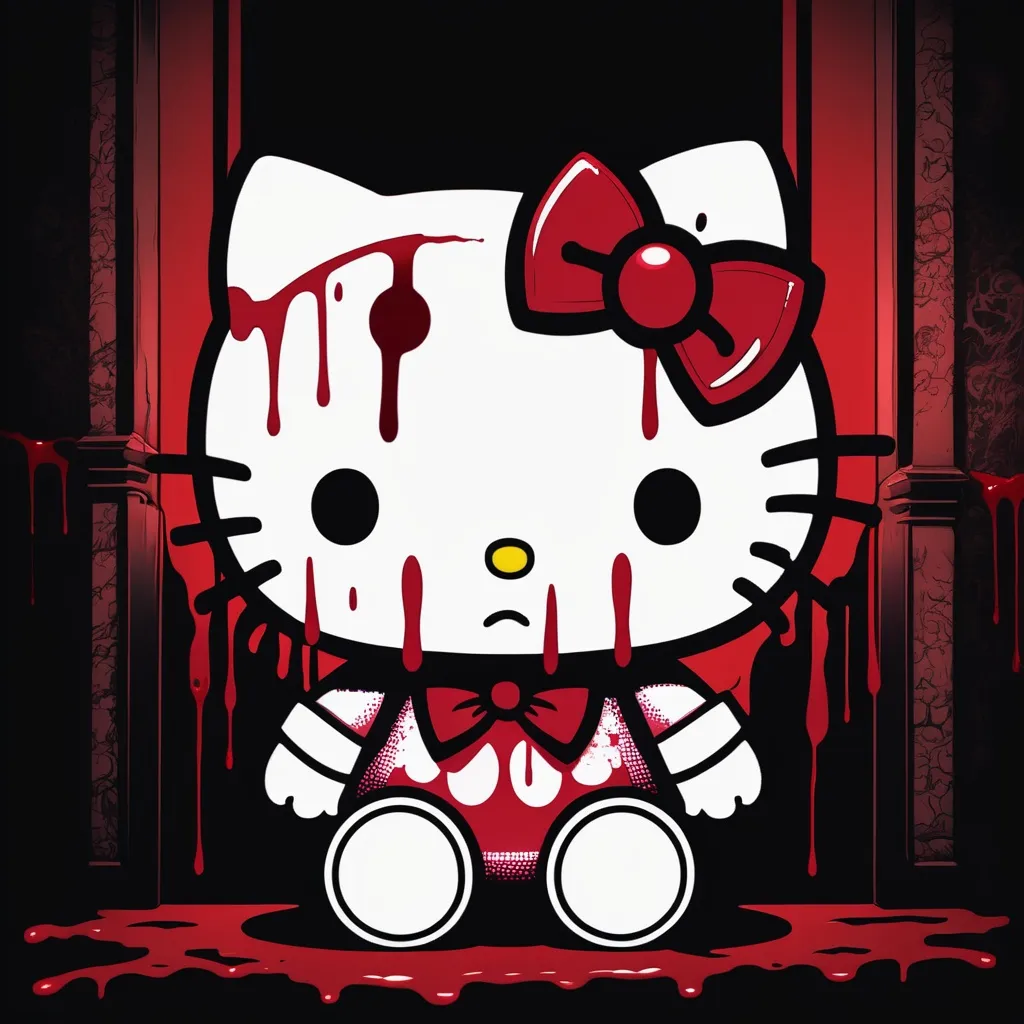 Prompt: Scary demon Hello Kitty in dark room with blood