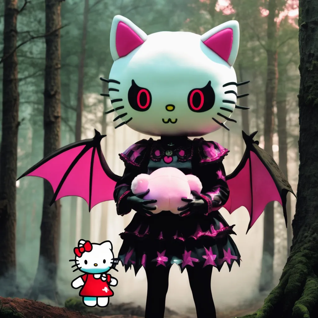 Prompt: DEMON holding Hello Kitty plushie in forest