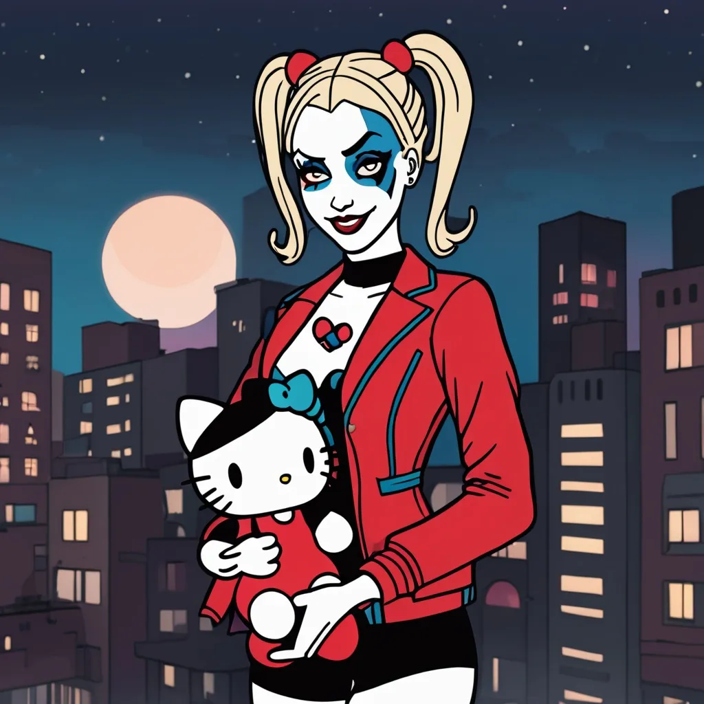 Prompt: Harley Quinn holding Hello Kitty plushie at night