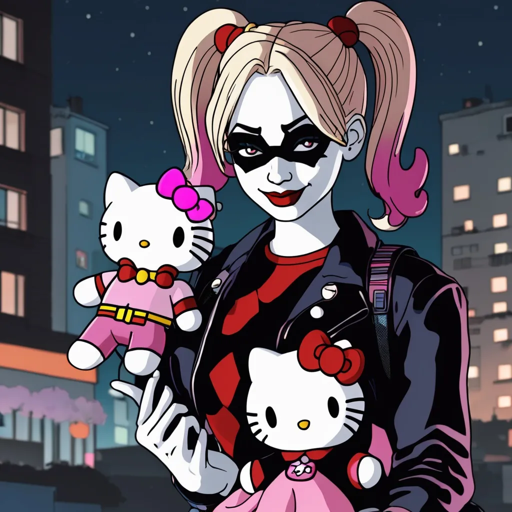 Prompt: Harley Quinn holding Hello Kitty plushie at night