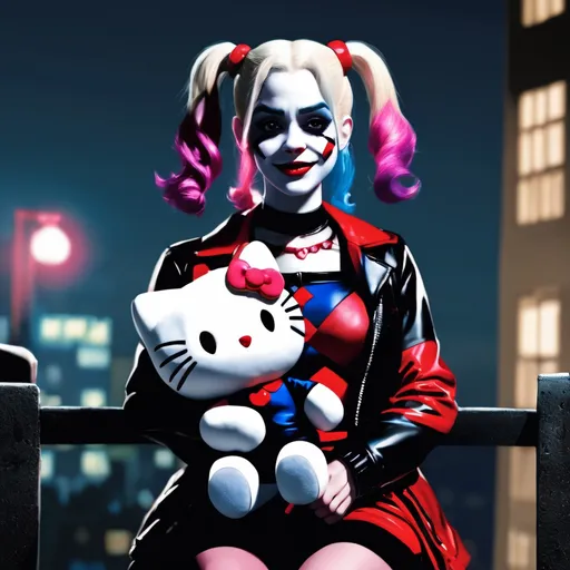 Prompt: Harley Quinn holding Hello Kitty plushie at night