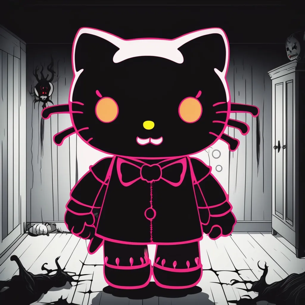 Prompt: Scary demon Hello Kitty in dark room
