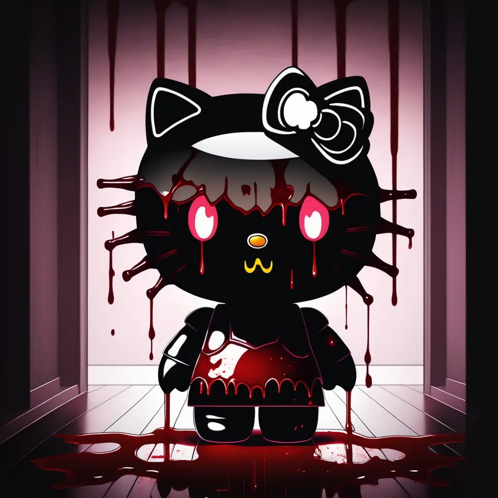 Prompt: Scary demon Hello Kitty in dark room with blood