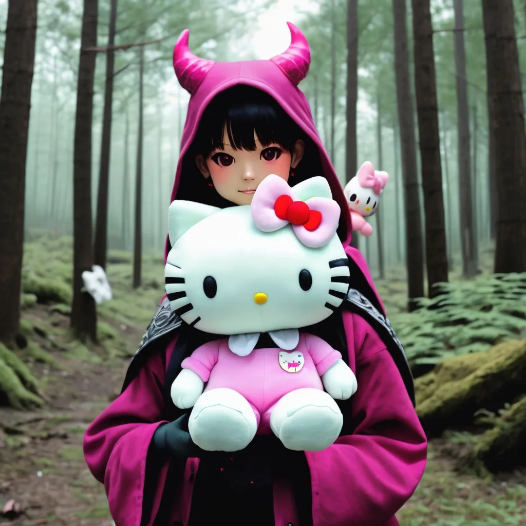 Prompt: DEMON holding Hello Kitty plushie in forest