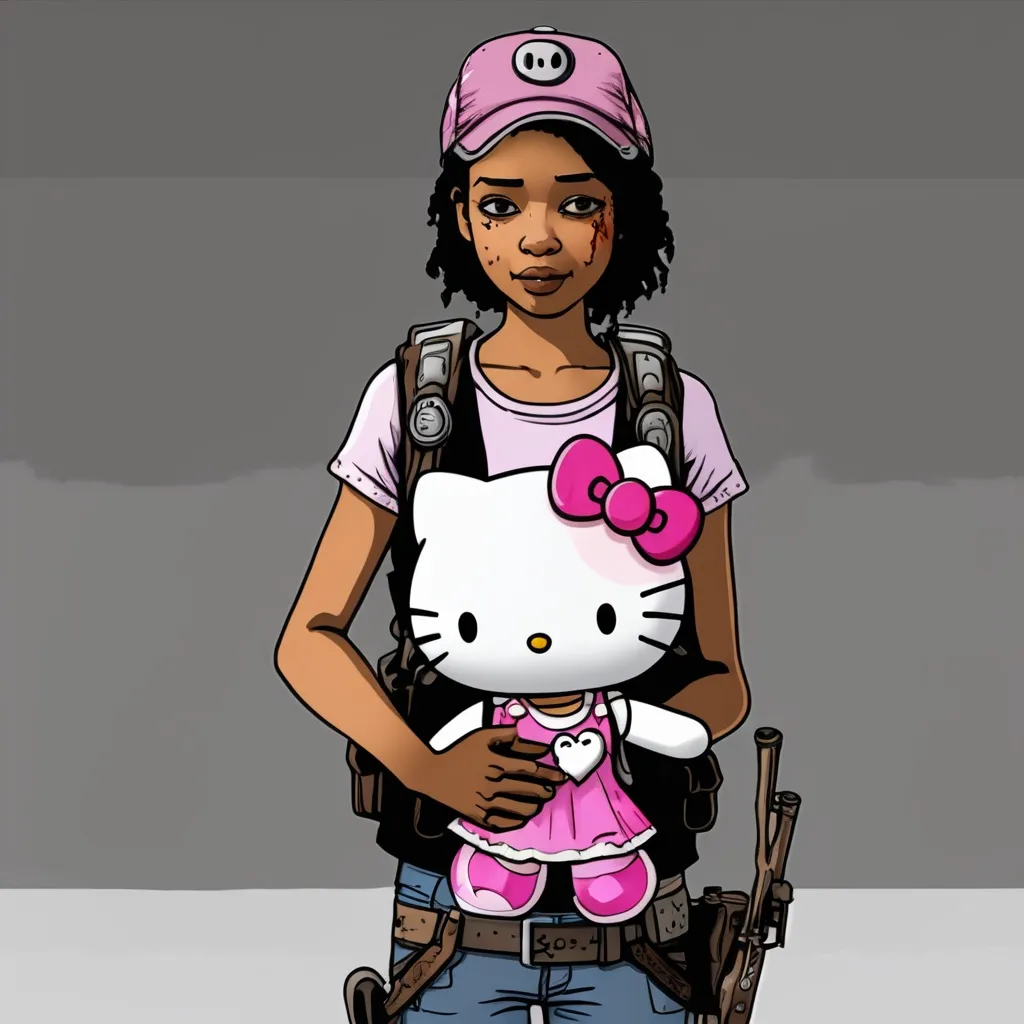 Prompt: Clementine from The Walking Dead game series holding Hello Kitty