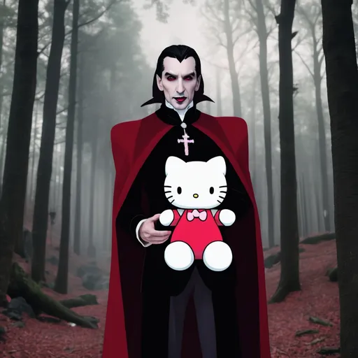 Prompt: Dracula holding Hello Kitty plushie in forest