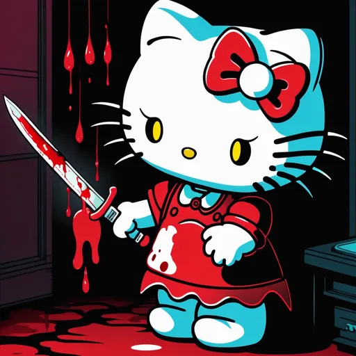 Prompt: Scary demon Hello Kitty in dark room with blood