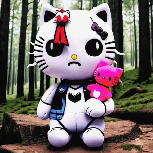 Prompt: Demon holding Hello Kitty plushie in forest