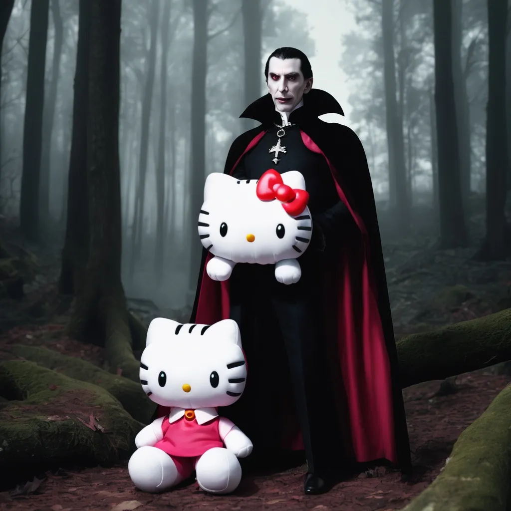 Prompt: Dracula holding Hello Kitty plushie in forest