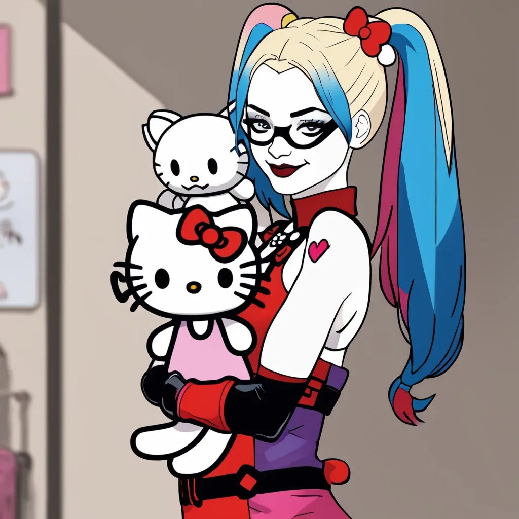 Prompt: Harley Quinn holding a Hello Kitty plushie