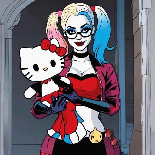 Prompt: Harley Quinn holding a Hello Kitty plushie