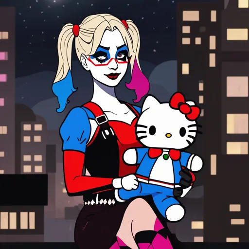 Prompt: Harley Quinn holding Hello Kitty plushie at night