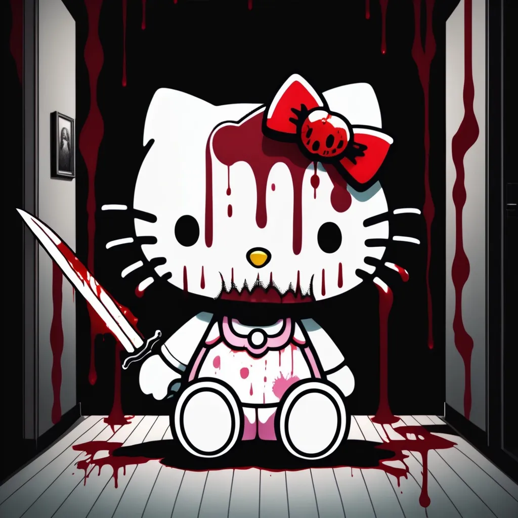 Prompt: Scary demon Hello Kitty in dark room with blood