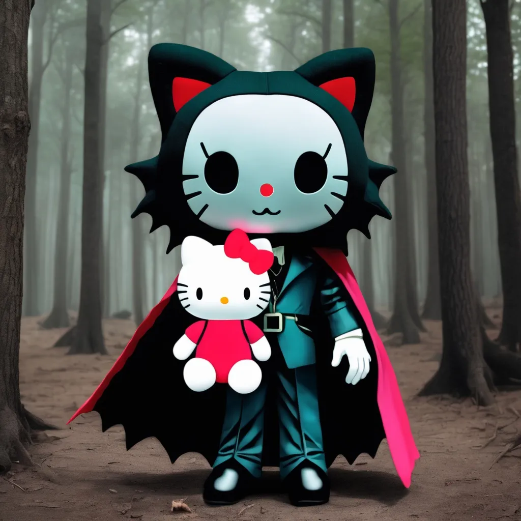 Prompt: Dracula holding Hello Kitty plushie in forest