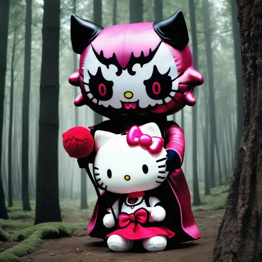 Prompt: DEMON holding Hello Kitty plushie in forest