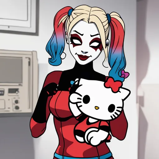 Prompt: Harley Quinn holding a Hello Kitty plushie