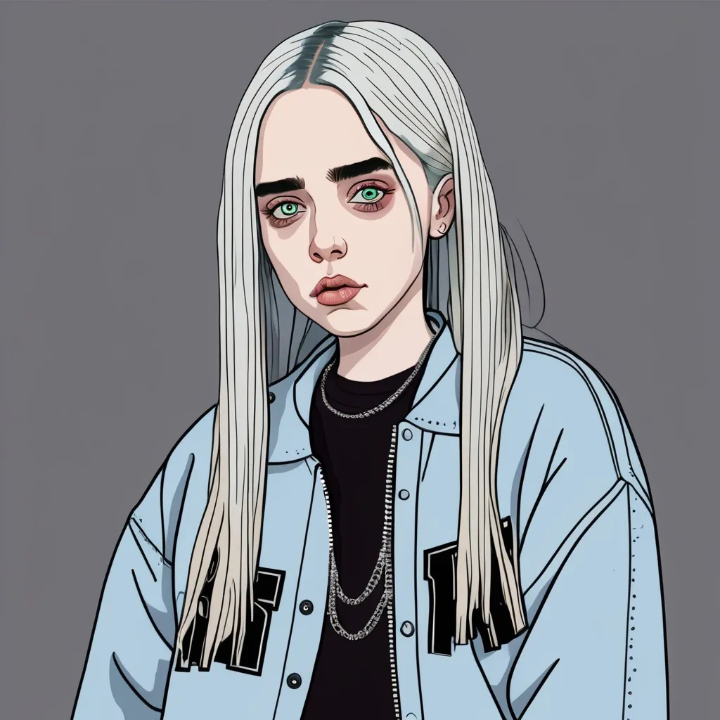 Prompt: cartoon Billie Eilish with silver hair