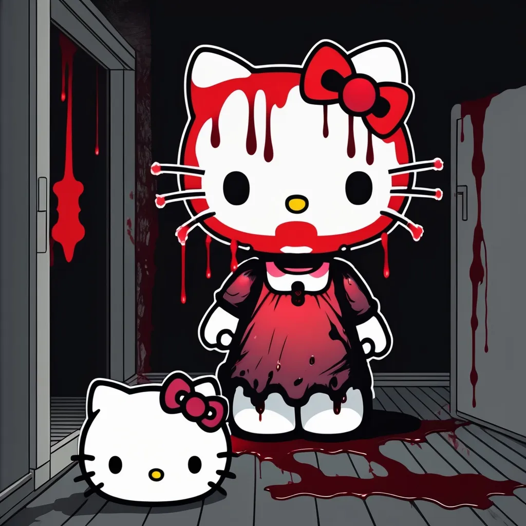 Prompt: Scary demon Hello Kitty in dark room with blood