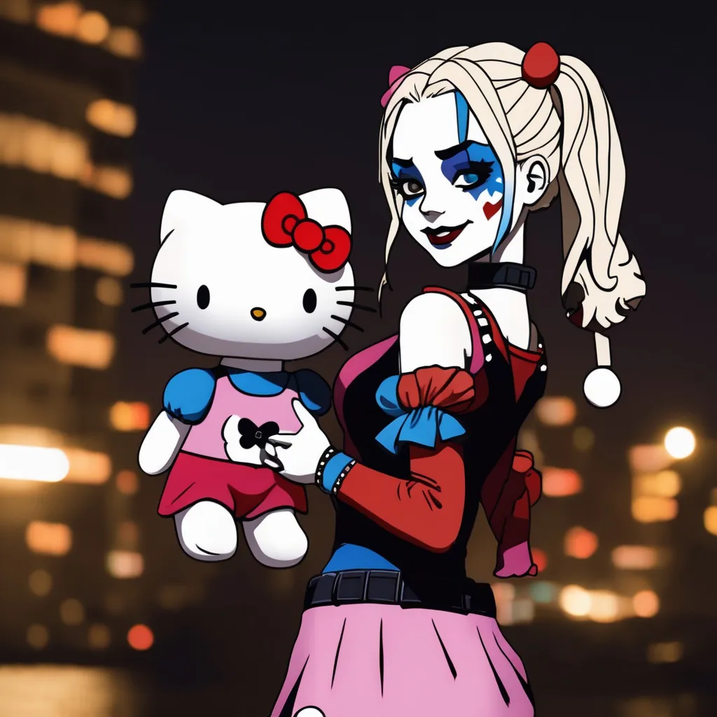 Prompt: Harley Quinn holding Hello Kitty plushie at night