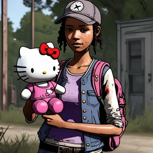 Prompt: Clementine from The Walking Dead game series holding Hello Kitty