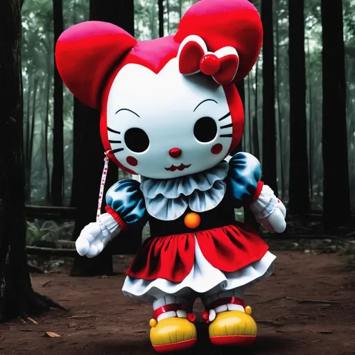 Prompt: Pennywise holding Hello Kitty plushie in forest