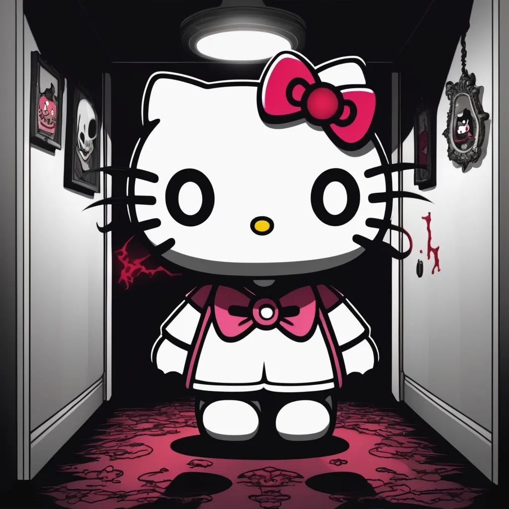 Prompt: Scary demon Hello Kitty in dark room