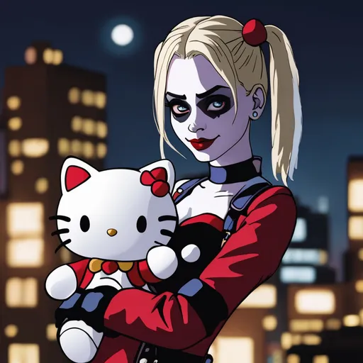 Prompt: Harley Quinn holding Hello Kitty plushie at night