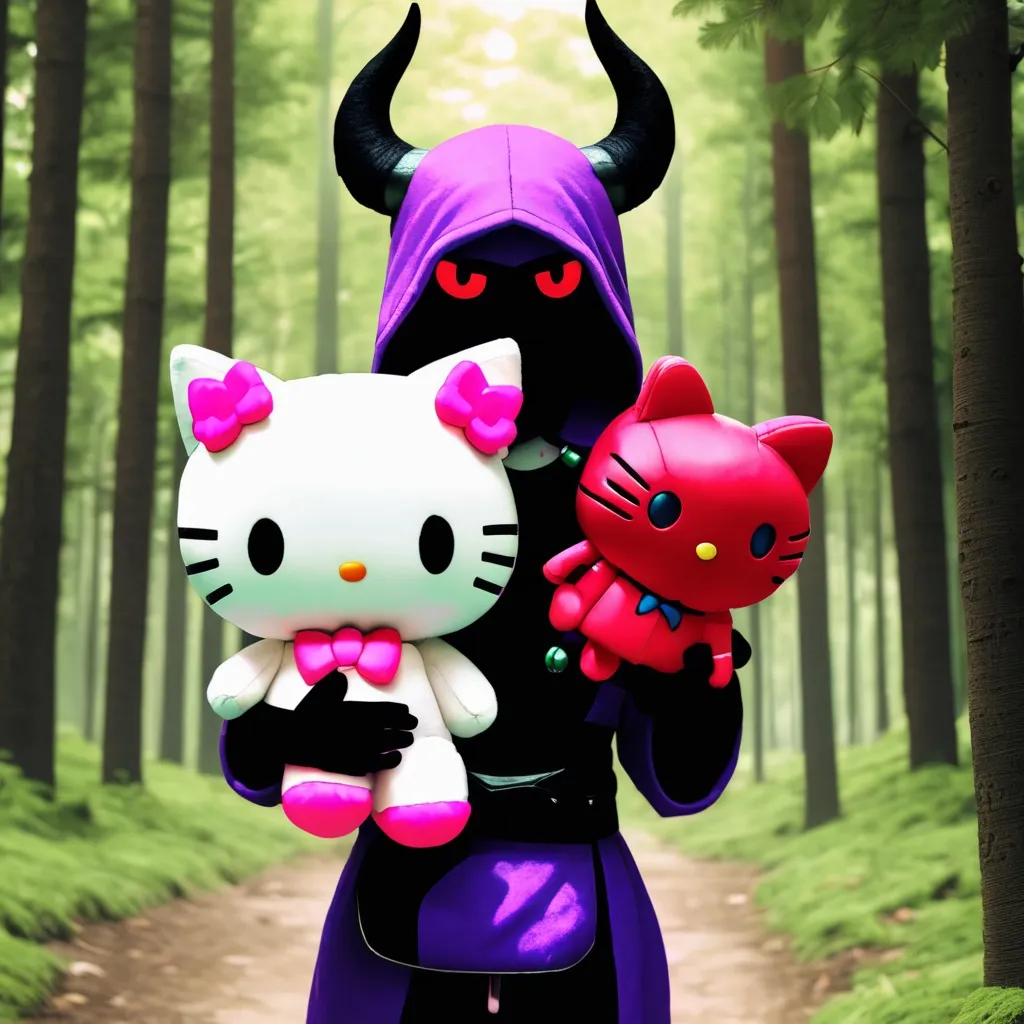 Prompt: Demon holding Hello Kitty plushie in forest