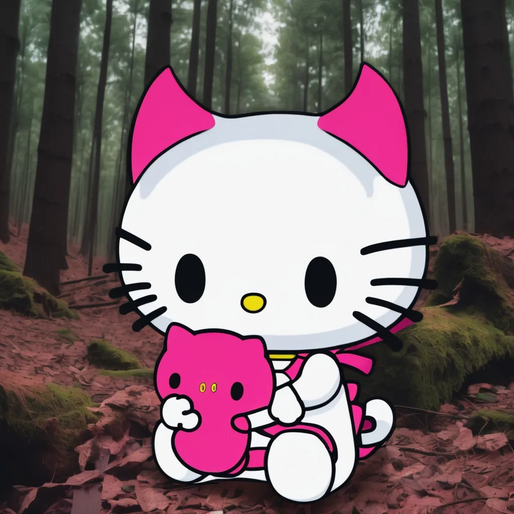 Prompt: Demon holding Hello Kitty plushie in forest
