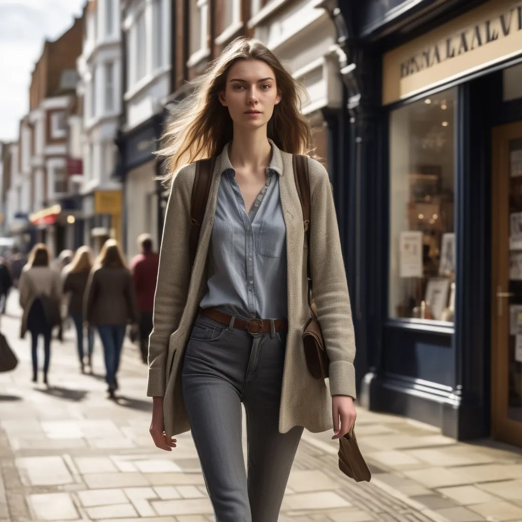 Prompt: Tall young woman walking down the high street, detailed clothing, realistic, natural lighting