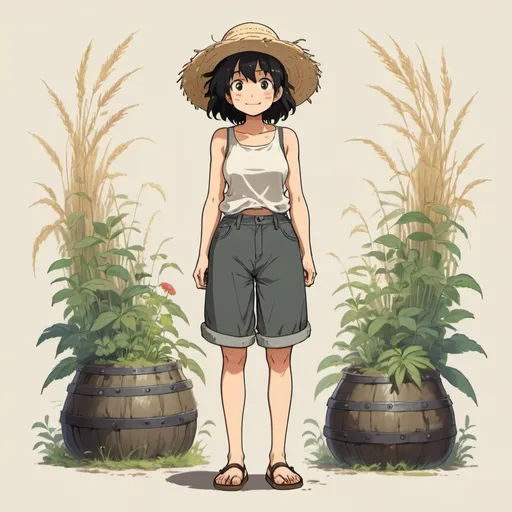 Prompt: 2d studio ghibli anime style, girl, full-body, short and frizz black hair, black eyes, happy, anime scene, 26 years old, tank-top, straw hat, game character rpg sprites