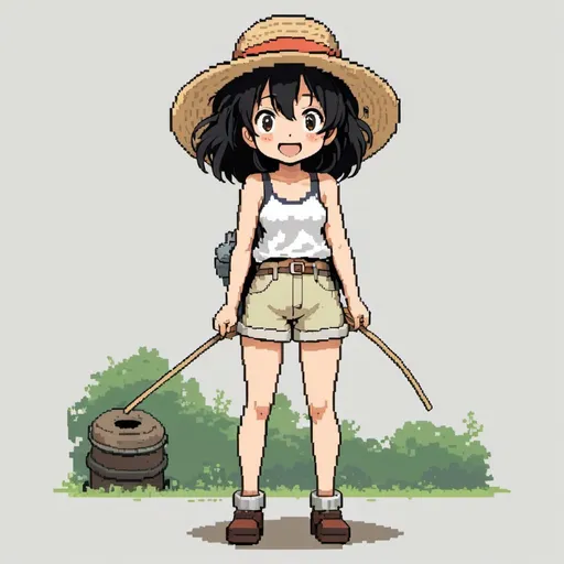 Prompt: pixel art, 2d studio ghibli  anime style, girl, full-body, short and frizz black hair, black eyes, happy, anime scene, 26 years old, tank-top, straw hat, game character rpg sprites, charming, isolated, monochrome