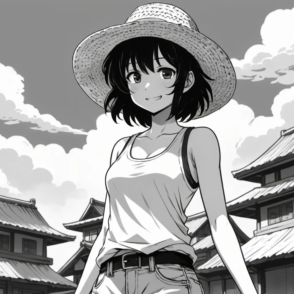 Prompt: girl, full-body, short and frizz black hair, black eyes, happy, anime scene, 26 years old, tank-top, straw hat, game character rpg sprites, monochrome