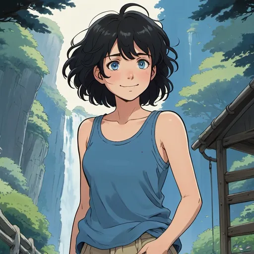 Prompt: 2d studio ghibli anime style, girl, full-body, short and frizz black hair, blue eyes, happy, anime scene, 26 years old, tank-top