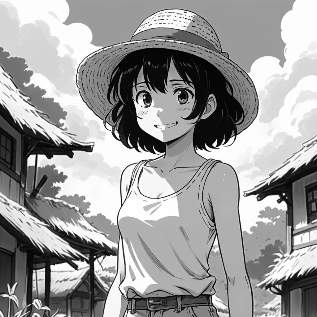 Prompt: 2d studio ghibli anime style, girl, full-body, short and frizz black hair, black eyes, happy, anime scene, 26 years old, tank-top, straw hat, game character rpg sprites, monochrome