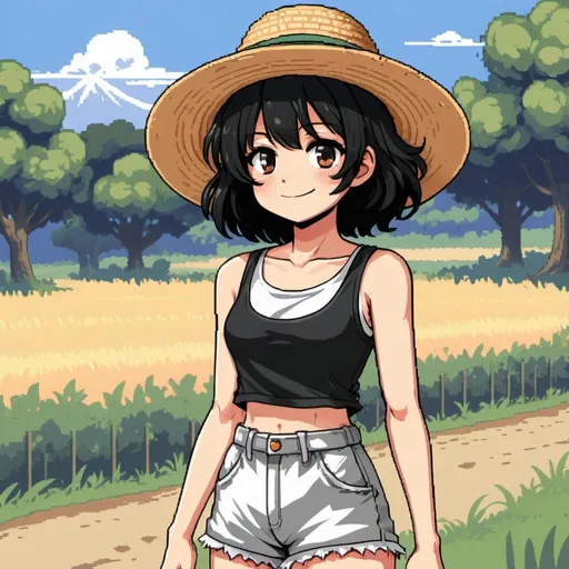 Prompt: pixel art, girl, full-body, short and frizz black hair, black eyes, happy, anime scene, 26 years old, tank-top, straw hat, game character rpg sprites, monochrome