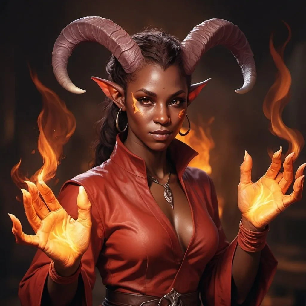 Prompt: hyper-realistic Tiefling character with fire hands, fantasy character art, illustration, dnd, warm tone