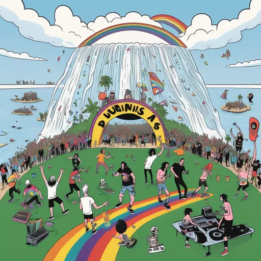 Prompt: a cartoon of a festival on an island, a rainbow colored stream of water running through it, people playing in a punk band, sunrise, skaters, an album cover, party vibes, huge crowd, pizza, skulls, emo, fun party