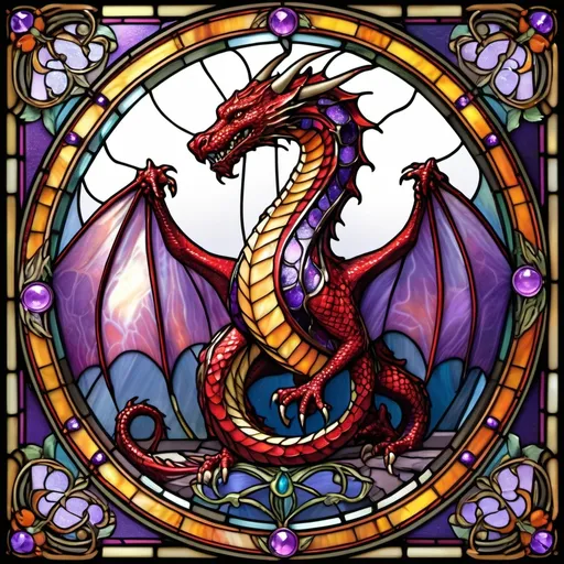 Prompt: (art nouveau decorative design), stained glass pattern, red and purple dragon intricately wrapping around a chest of sparkling jewels, visible borders accentuating the design, vibrant hues lighting up the scene, warm tones blending beautifully, ornate detailing in the glass, jewel-encrusted chest capturing the light, high detail, high-quality art, enchanting atmosphere, mesmerizing contrast, captivating elegance.