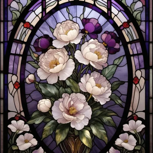 Prompt: full stained glass pattern with visible borders. peonies, pansies and violets and no color
