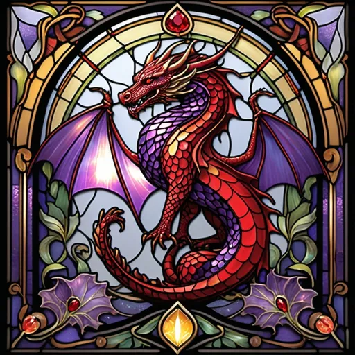 Prompt: (art nouveau decorative design), stained glass pattern, red and purple dragon intricately wrapping around a chest of sparkling jewels, visible borders accentuating the design, vibrant hues lighting up the scene, warm tones blending beautifully, ornate detailing in the glass, jewel-encrusted chest capturing the light, high detail, high-quality art, enchanting atmosphere, mesmerizing contrast, captivating elegance.