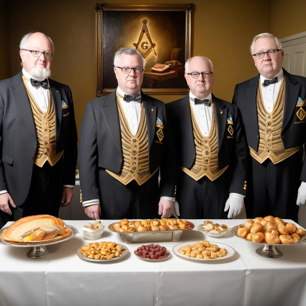 Prompt: Three Freemasons standing closely together around a set table with food on it.