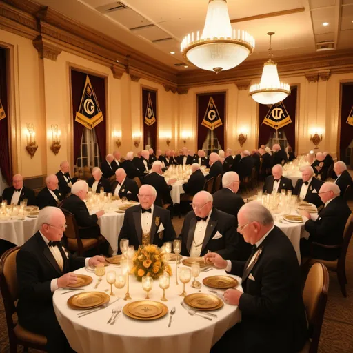 Prompt: formal dinner, (elegantly set tables), 16 to 20 couples in formal attire, exquisite decorations, (soft candlelight ambiance), celebrating 200th anniversary of Masonic Lodge, (opulent setting), adorned with Freemason symbols (compasses and squares), intricate centerpieces, warm golden hues, guests toasting, high-quality festive atmosphere, (HD, ultra-detailed), luxurious backdrop, refined elegance, festive celebration atmosphere.