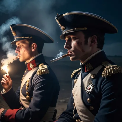 Prompt: 2 napoleon soldiers wounded smoking night