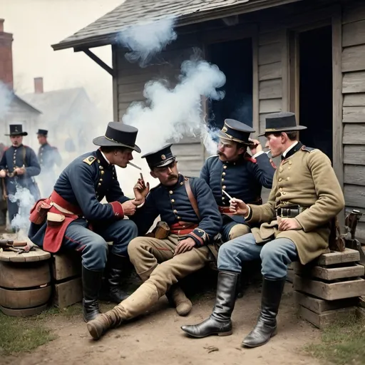 Prompt: 2 19th century gun soldiers wounded smoking night