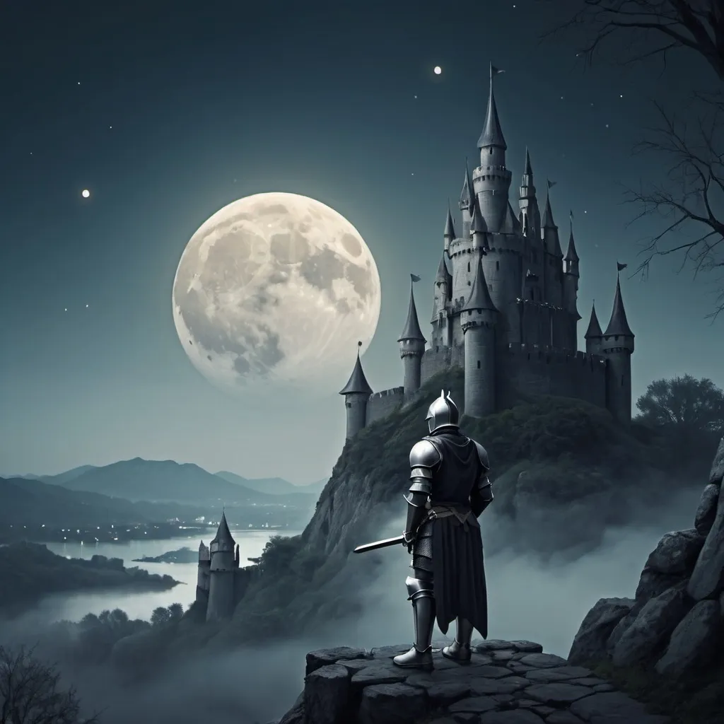 Prompt: lonely knight watching a moon castle at distance