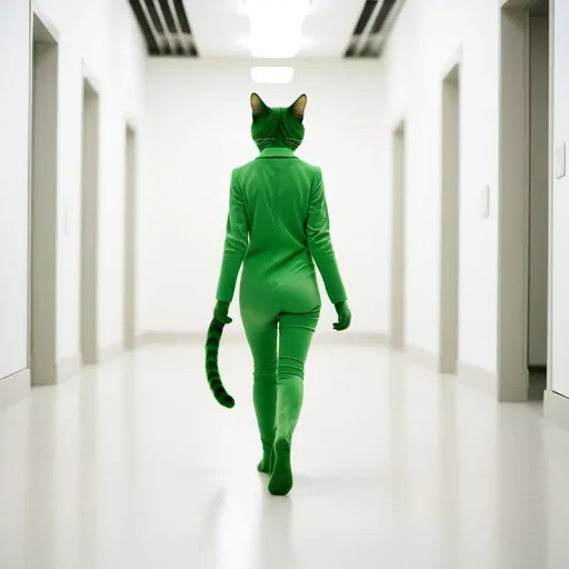 Prompt: green cat walk like girl white floor 