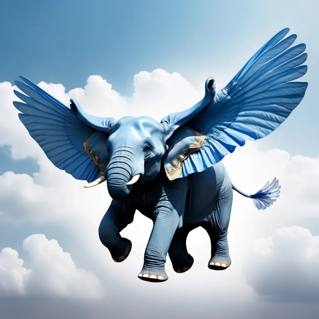 Prompt: a blue elephant flying with wings in air 