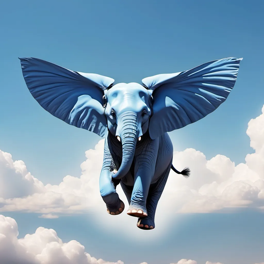 Prompt: a blue elephant flying with wings in air 